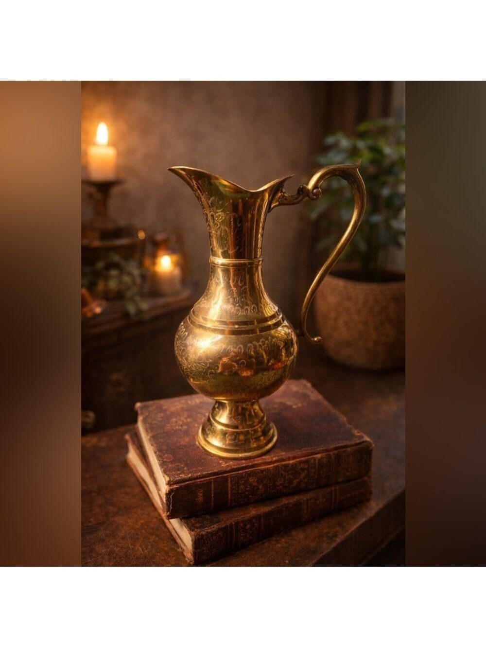 VINTAGE Hand-Etched Brass Water Pitcher • Large • Boho Mid Century India Art